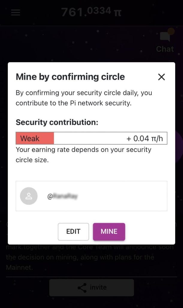 When you begin mining, the Pi app shows you what your contribution to the network security looks like, including your immediate security circle. It also shows you what your earn rate will be based on your contributions.