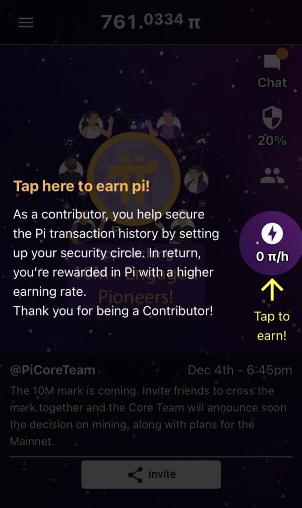 The main screen of the Pi Application on iOS showing the tap to mine prompt.