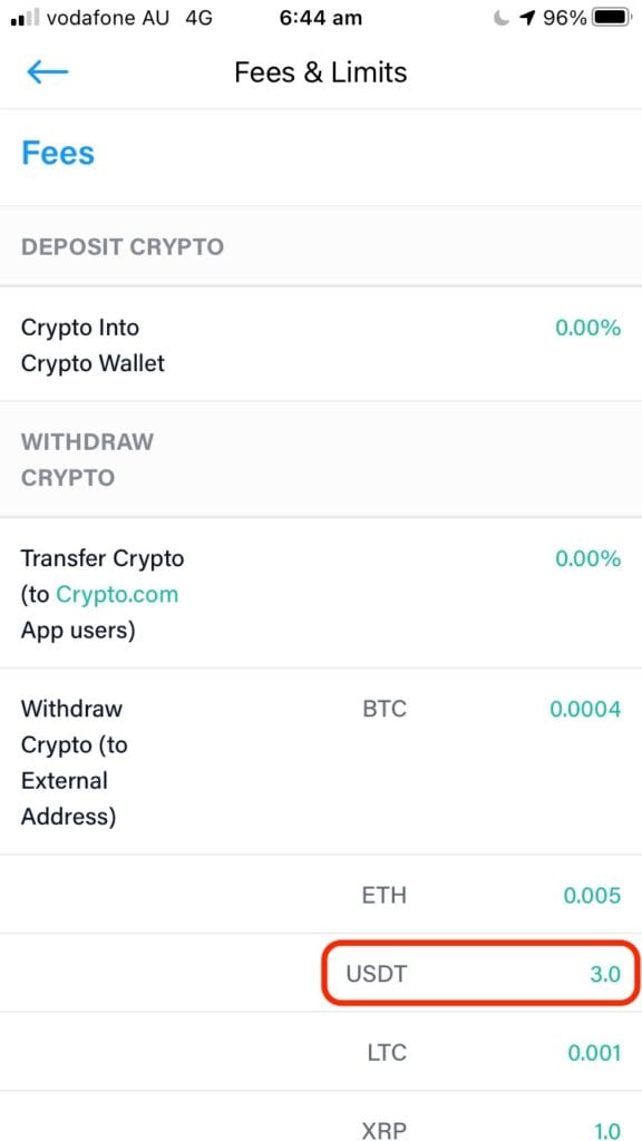 Phí rút tiền USDT của ứng dụng Crypto.com