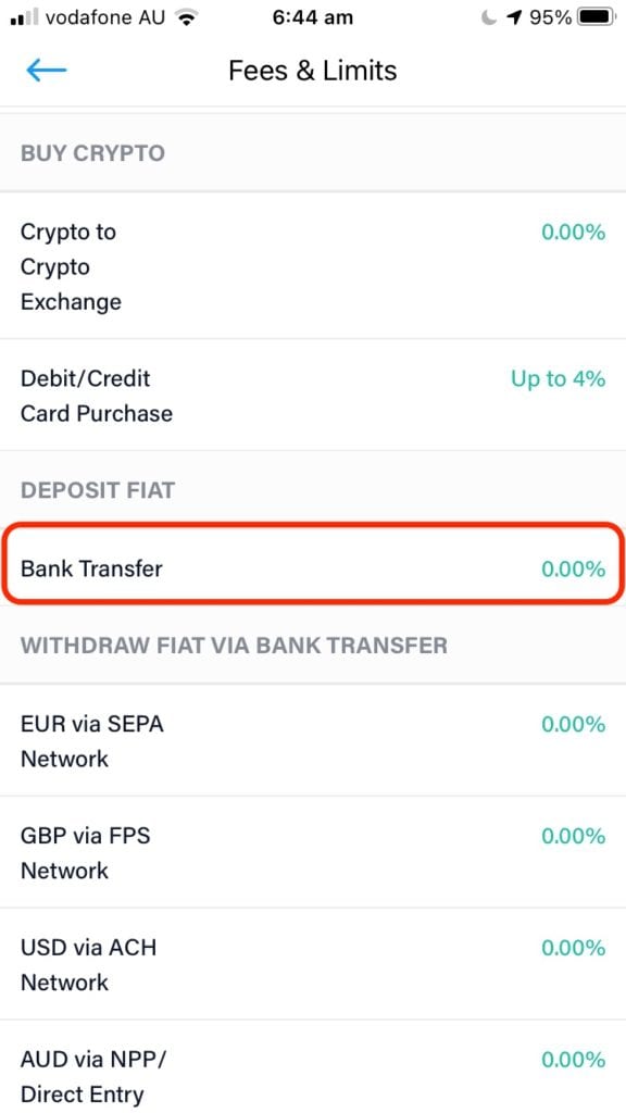 Phí chuyển khoản ngân hàng của ứng dụng Crypto.com
